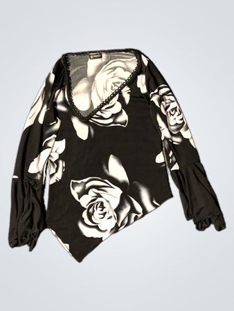 Roberta Damen Schwarz- und Weiß-Rosenmuster Asymmetrisches Langarmoberteil