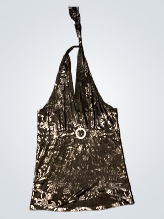Schwarzes Trägeroberteil mit silbernem Blumenmuster und Strassverzierungen