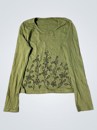 Grünes Langarmhemd mit floralem Stickerei