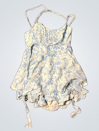 Blaues und weißes Blumendruck-Minikleid