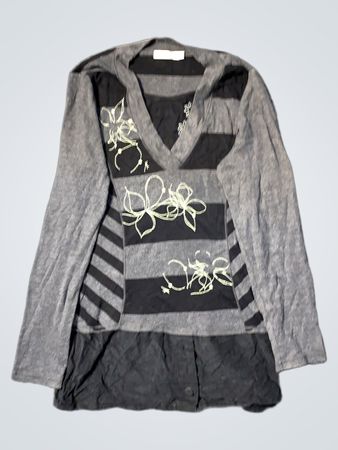 Defimode Grau und Schwarz Gestreiftes Langarmhemd mit Floralem Detail