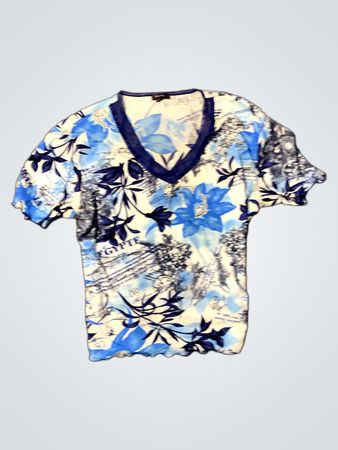 Blaues floral bedrucktes V-Ausschnitt-T-Shirt