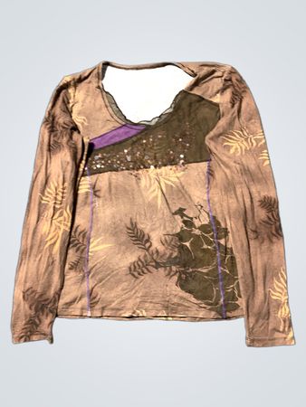 Braunes Langarmoberteil mit floralem Druck und Pailletten details