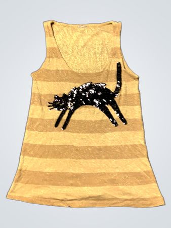 Goldgestreiftes Tanktop mit schwarzer Paillettenkatze