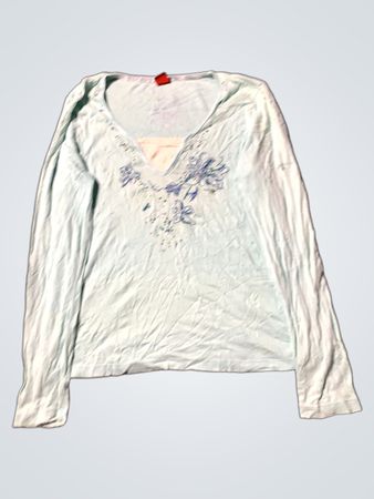 Olsen Hellblau Langarm V-Ausschnitt Oberteil mit floralem Schmuck