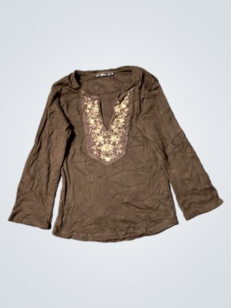 Zero Damen Braunes Besticktes V-Ausschnitt Langarmhemd