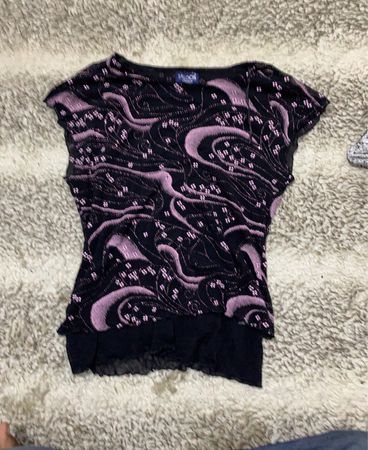 Saloos Collection Black Pink Swirl Floral Sheer Overlay Top