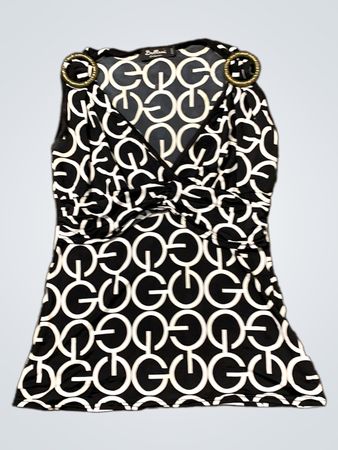 Bellani Collection Schwarz-weißes geometrisches Druck-Ärmeloses Top mit goldenen Beschlägen