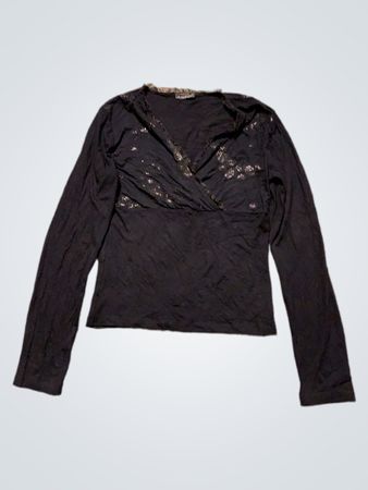 ANGIE Schwarzes Langarm-Paillettenshirt mit V-Ausschnitt