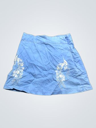 Blauer Jeansrock mit floralem Stickerei