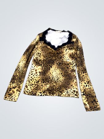 Roberta Made in Italy Leopardenmuster Langarmoberteil mit Spitzenbesatz