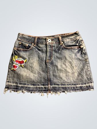 SMART SET Damen Jeansrock in Blau mit floralen Stickereien