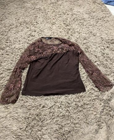 Catherines Damen Braunes Pailletten-Spitzen Langarmoberteil XL