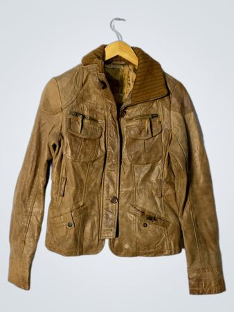 Brown Leather Jacket with Ribbed Collar