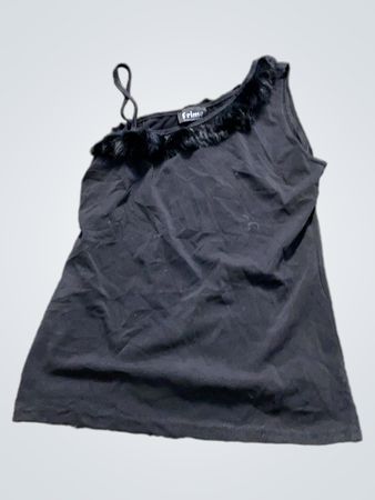 Frime Paris schwarzes Top mit einem Schulterträger und Pelzbesatz