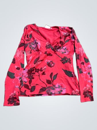 Rotes Blumenmuster V-Ausschnitt Langarmoberteil