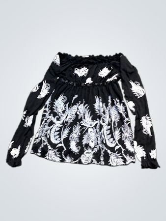 Schwarz-weißes florales Off-Shoulder-Longsleeve-Oberteil