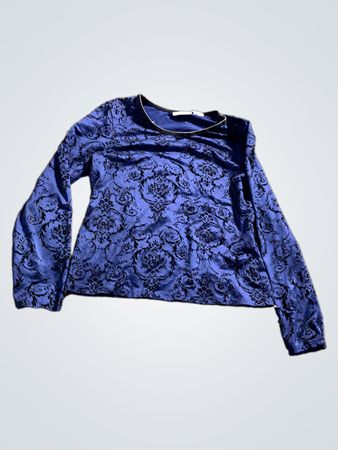 Blaues Langarmoberteil mit schwarzem Damastmuster