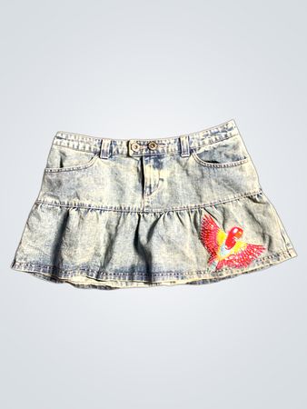 Blauer Denim-Rock mit besticktem Vogeldetail
