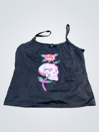 Schwarzes Trägershirt mit Totenschädel- und Rosenmotiv
