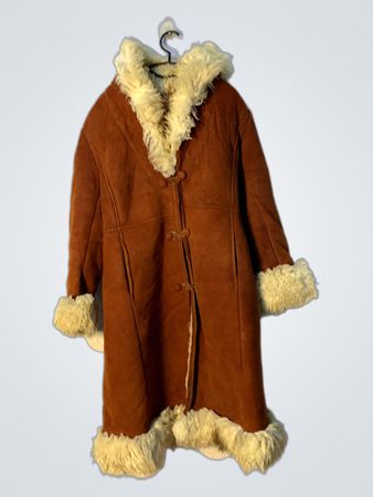 Brown Suede Sheepskin Coat with Fur Trim