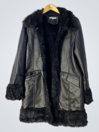 Jacqueline Riu Black Faux Leather Fur Trimmed Coat