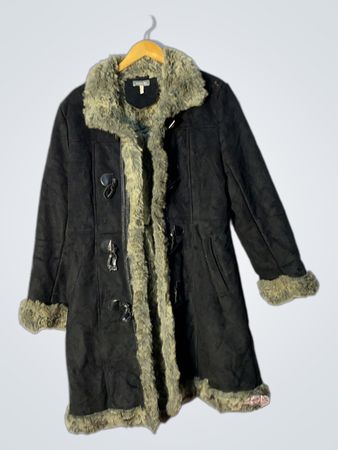 Steilmann Damen Schwarzer Kunstwildleder Mantel mit Kunstfellbesatz