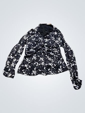 Tiffany Black & White Floral Print Ruched Long Sleeve Top