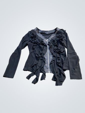 Schwarzes langärmliges Rüschenshirt mit Reißverschluss und Verzierungen