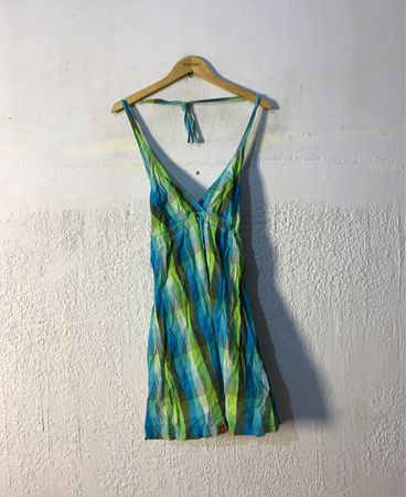 Esprit Damen Blau-Grün Karierter Neckholder Kleid Größe 36