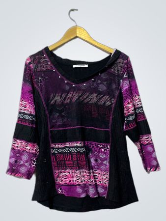 Christine LAURE Damen Lila und Schwarz Patchwork Langarmtop