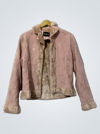 ZAVA Pink Suede Jacket with Fur Trim