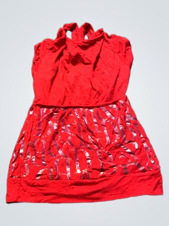 Rotes Trägerkleid mit silbernem Grafikdruck