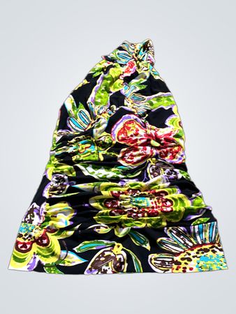Schwarzes Neckholder-Rüschenkleid mit Blumenmuster