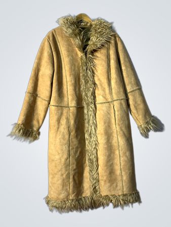 Beige Kunstwildleder mit Fellbesatz langer Mantel