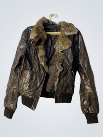 Men's Brown Leather Bomber Jacket with Fur Collar