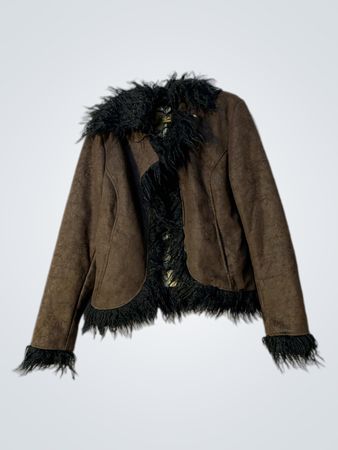 Giacca marrone con bordo in pelliccia nera