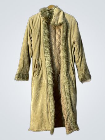 MENG JUE Damen Lange Beigefarbene Kunstpelz Besetzte Jacke Größe M