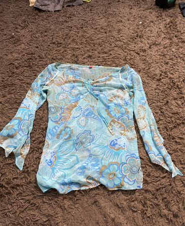 Esprit Damen Blaue Blumendruck Glockenärmel Bluse