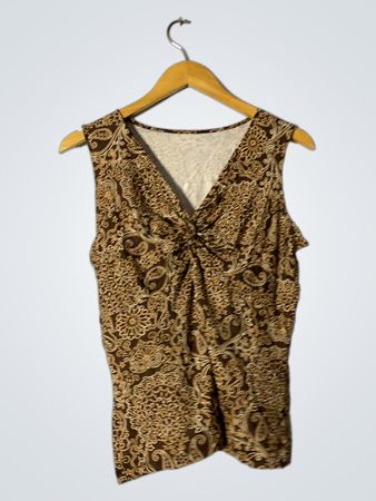 Braunes Paisley-Print ärmelloses Top mit gedrehtem Vorderteil