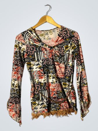 Patchwork-Print Langarmtop mit Gürtel und Fransen