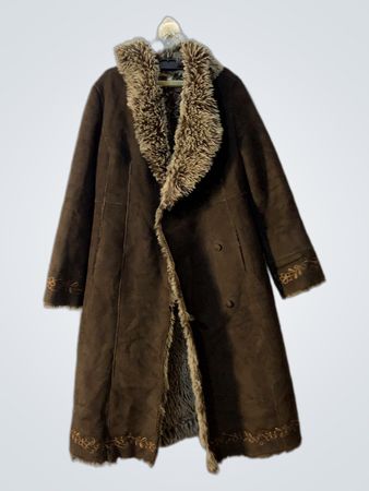 Brown Faux Fur Trimmed Coat with Embroidery