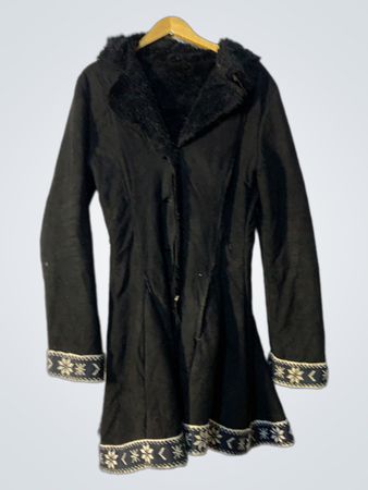 Black Coat with Faux Fur Collar and Embroidered Cuffs
