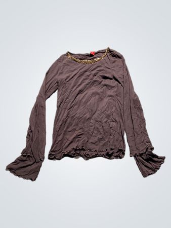 Tiff Brown Langarmshirt mit verziertem Ausschnitt