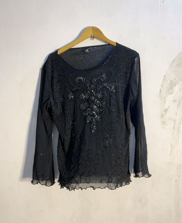 CONOS Schwarzes transparentes Perlenoberteil mit langen Ärmeln