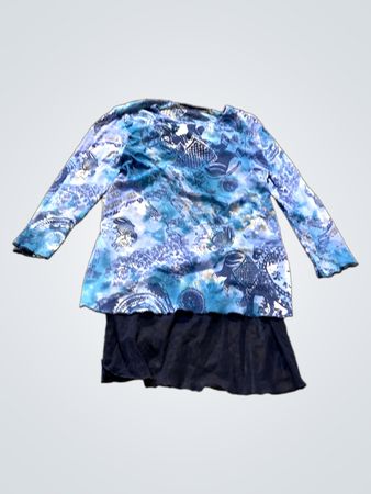 Blau gemustertes Langarmoberteil mit Marineblauem Rock
