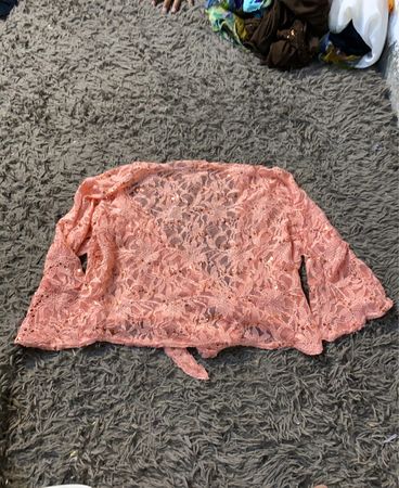 Neue Kollektion Pink Lace Sequin Bell Sleeve Kimono Cardigan