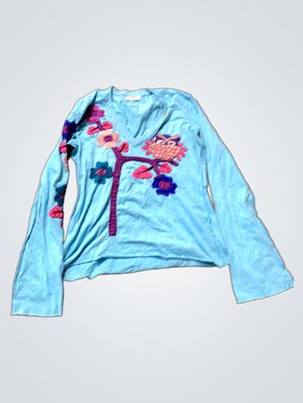 JaMiss Blau Langarm Eule und Blumen Applikation T-Shirt