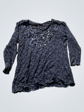 Schwarzes, mit Pailletten verziertes, strukturiertes Langarm-Top