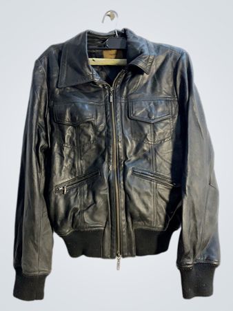 DECENIO Black Leather Bomber Jacket